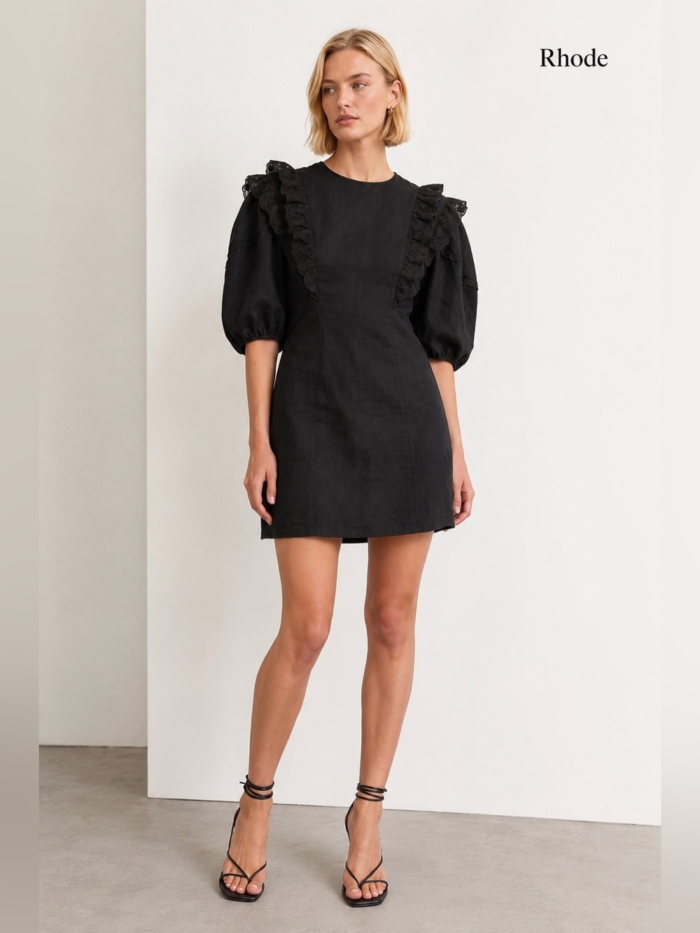 RHODE Black Ruffle Puff-Sleeve Mini Dress